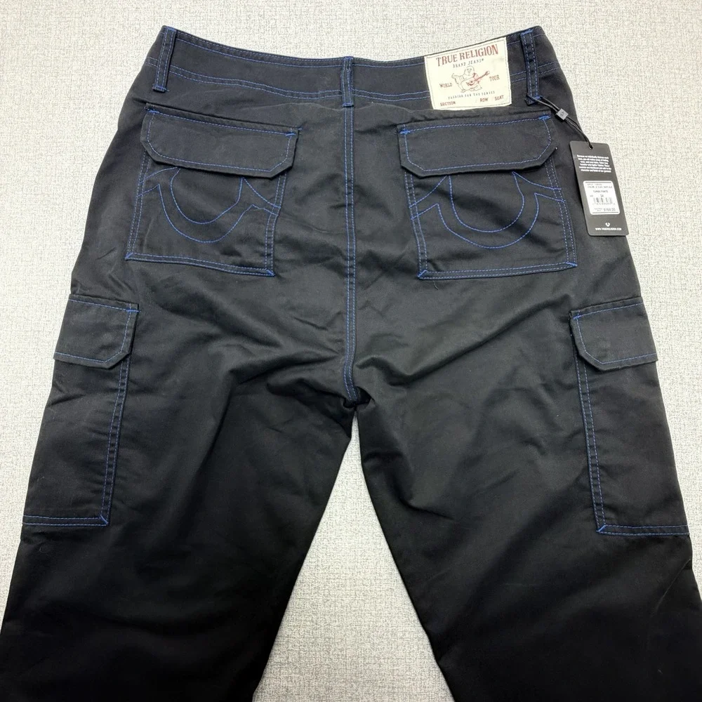 True Religion Mens Cargo Pants Black Pacific Blue Contrast Stitch Size 34 NEW